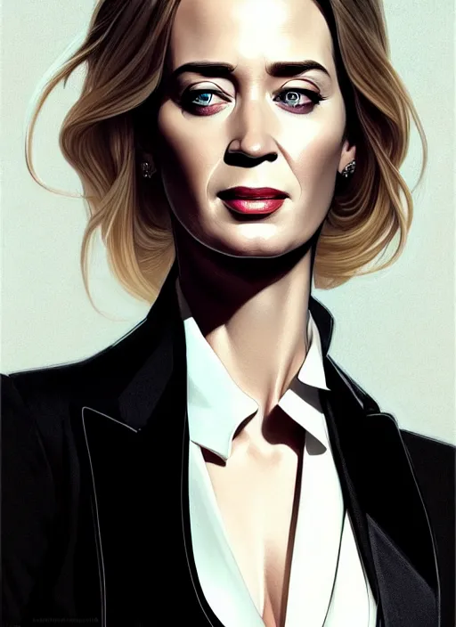 Prompt: portrait of emily blunt as business woman, black suit, white shirt, black tie, boss, intricate, headshot, highly detailed, digital painting, artstation, concept art, sharp focus, cinematic lighting, illustration, art by artgerm and greg rutkowski, alphonse mucha, cgsociety