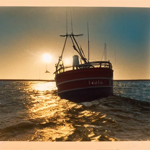 Prompt: photograph of a blue trawler kodachrome sunshine