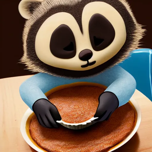 Prompt: an anthropomorphized raccoon baking a cake