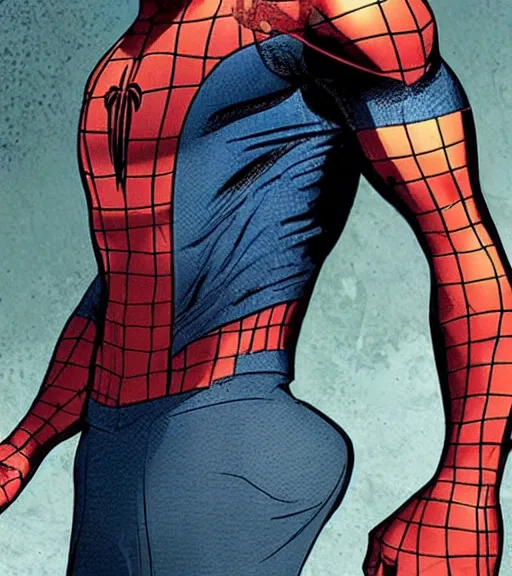 Prompt: peter parker with his suit removed to his waist seductive