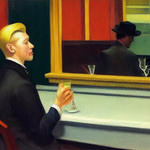 Image similar to a detailed painting, blonde man at a bar alone, edward hopper,