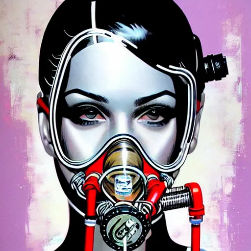 Image similar to portrait of a female diver with a oxygen mask intricate details mask by MARVEL comics and Sandra Chevrier