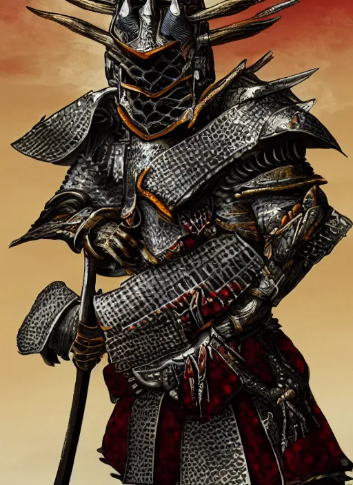 Prompt: A dragon inspired Japanese samurai armor, holding a katana, powerful, fire reflection, trending on artstation, dragon helmet, high dynamic range, hyper detailed