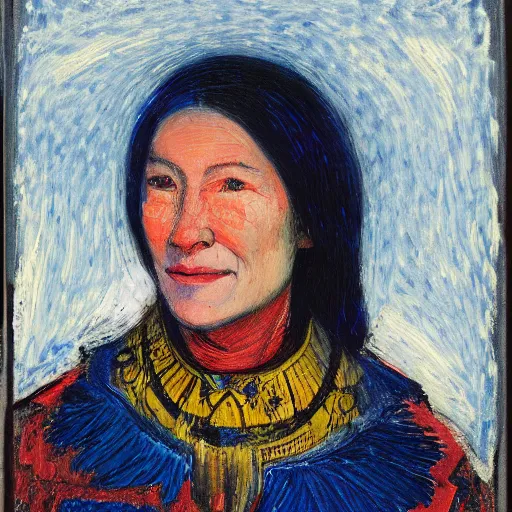 Prompt: head and shoulders portrait of a female knight, inuk, tonalist, symbolist, ambrotype, detailed, edge lighting, vibrant, palette knife, girih, prussian blue and raw sienna, angular, smiling, crows, baroque