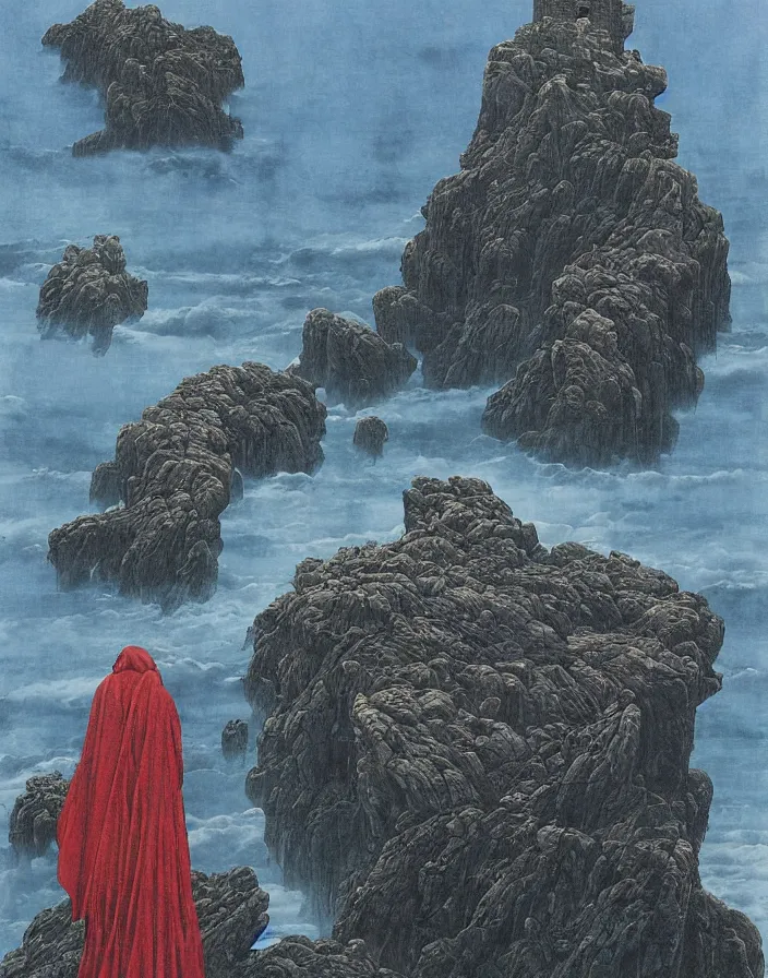 Image similar to worshippers in red robes belonging to the cult of the lighthouse climbing up the rocky cliff where the lighthouse stands, lighthouse, ravens, high detailed beksinski painting, part by adrian ghenie and gerhard richter. art by takato yamamoto. masterpiece, deep colours, blue