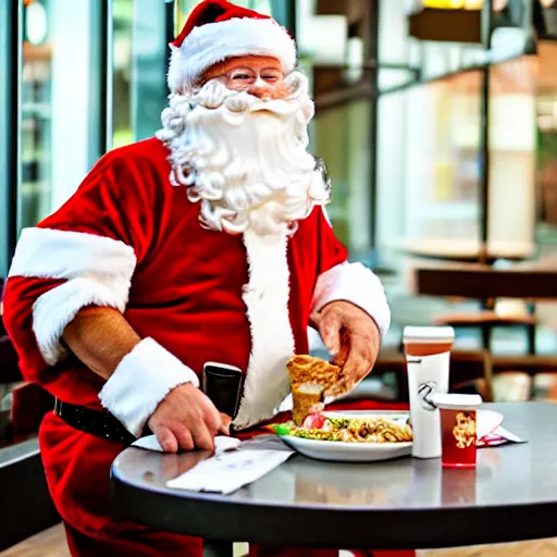 Image similar to Santa Claus eating chipotle inside and enjoying it, realistic, modern