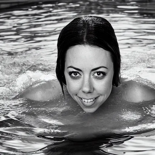 Image similar to photograph of aubrey plaza swimming in a pool, highly detailed, symmetrical, nikkor 8 5 mm f / 1. 8 g