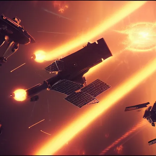 Image similar to dramtic spacecraft battle scene, sci-fi movie shot, ultra detailed, octane render, laser fire, explosions, 8k