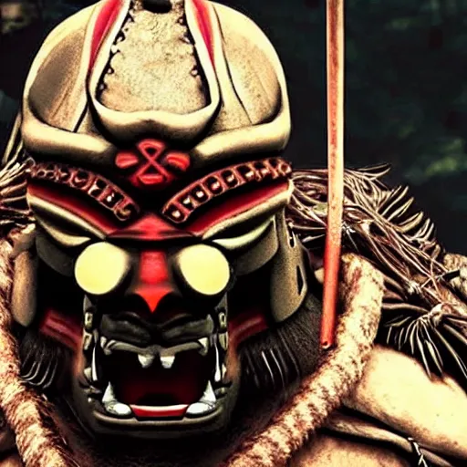 Prompt: big buff very strong very buff samurai wearing an oni mask, accurate detailed wellmade movie still