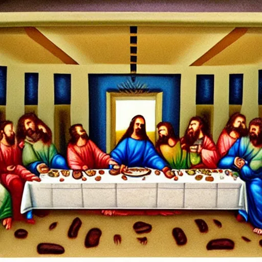 Image similar to painting of the last supper as pizza party