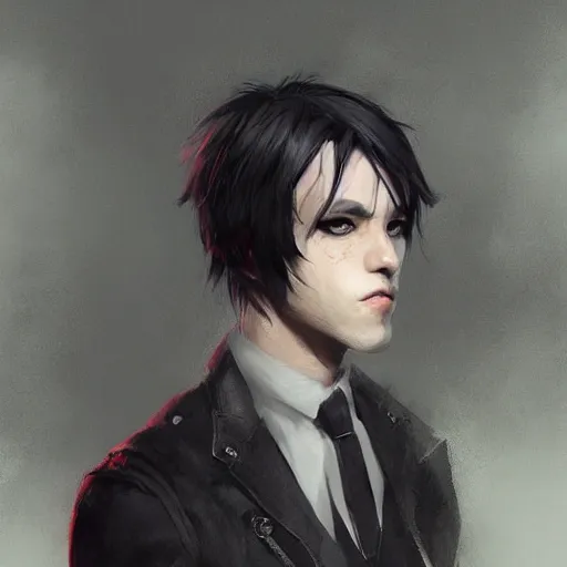 Image similar to a very handsome emo!!! guy posing!!!, portrait!!!!, trending on artstation, cgsociety contest winner, digital art, illustrated by greg rutkowski