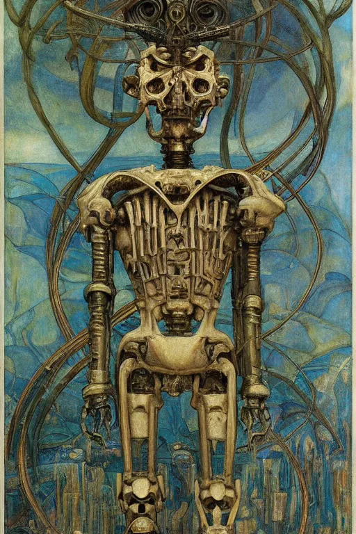 Prompt: the robot in his bone crown, by Annie Swynnerton and Diego Rivera and Elihu Vedder, symbolist, dramatic lighting, elaborate geometric ornament, Art Brut, soft blues and greens,smooth, sharp focus, extremely detailed, Adolf Wölfli, octane render
