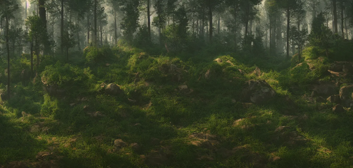 Image similar to random forest landscape, incredible, vector art, octane render, fabulous, hyper detailed, random cinematic view, no noise, global illumination