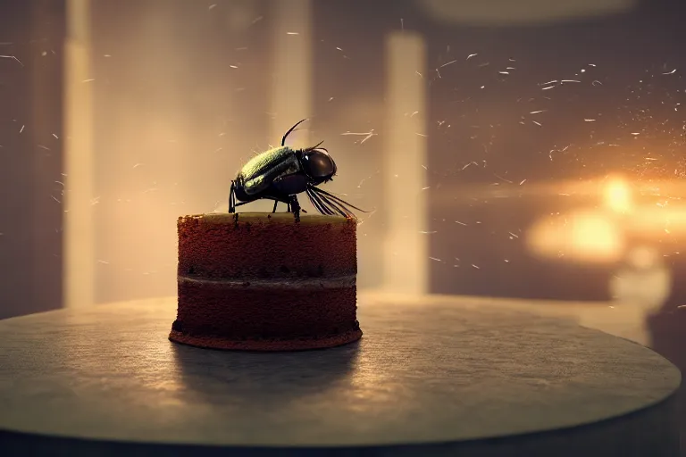 Prompt: a huge fly is sitting on a cake, 4 k, ultra details, cinematic, epic style, beautiful photo, hyper realistic, octane render, unreal engine, award winning, on artstation, volumetric lightning, masterpiece, golden hour,