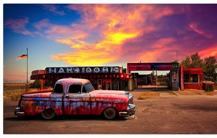 Image similar to A sunset light landscape with historical route66, lots of sparkling details and sun ray’s, blinding backlight, smoke, volumetric lighting, colorful, octane, 35 mm, abandoned gas station, old rusty pickup-truck, beautiful epic colored reflections, very colorful heavenly, softlight