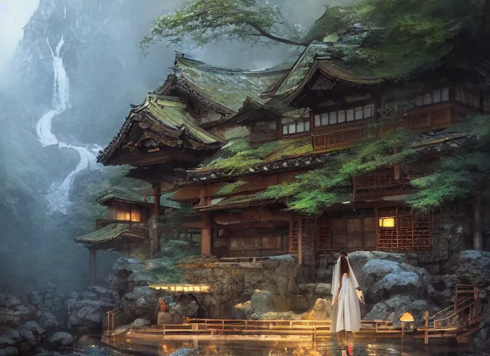 Prompt: princess at a japanese mountain onsen, Concept art by Marc Simonetti, Darek Zabrocki, Jordan Grimmer, Noah Bradley, masterpiece, highly detailed and ultra realistic, trending on artstation