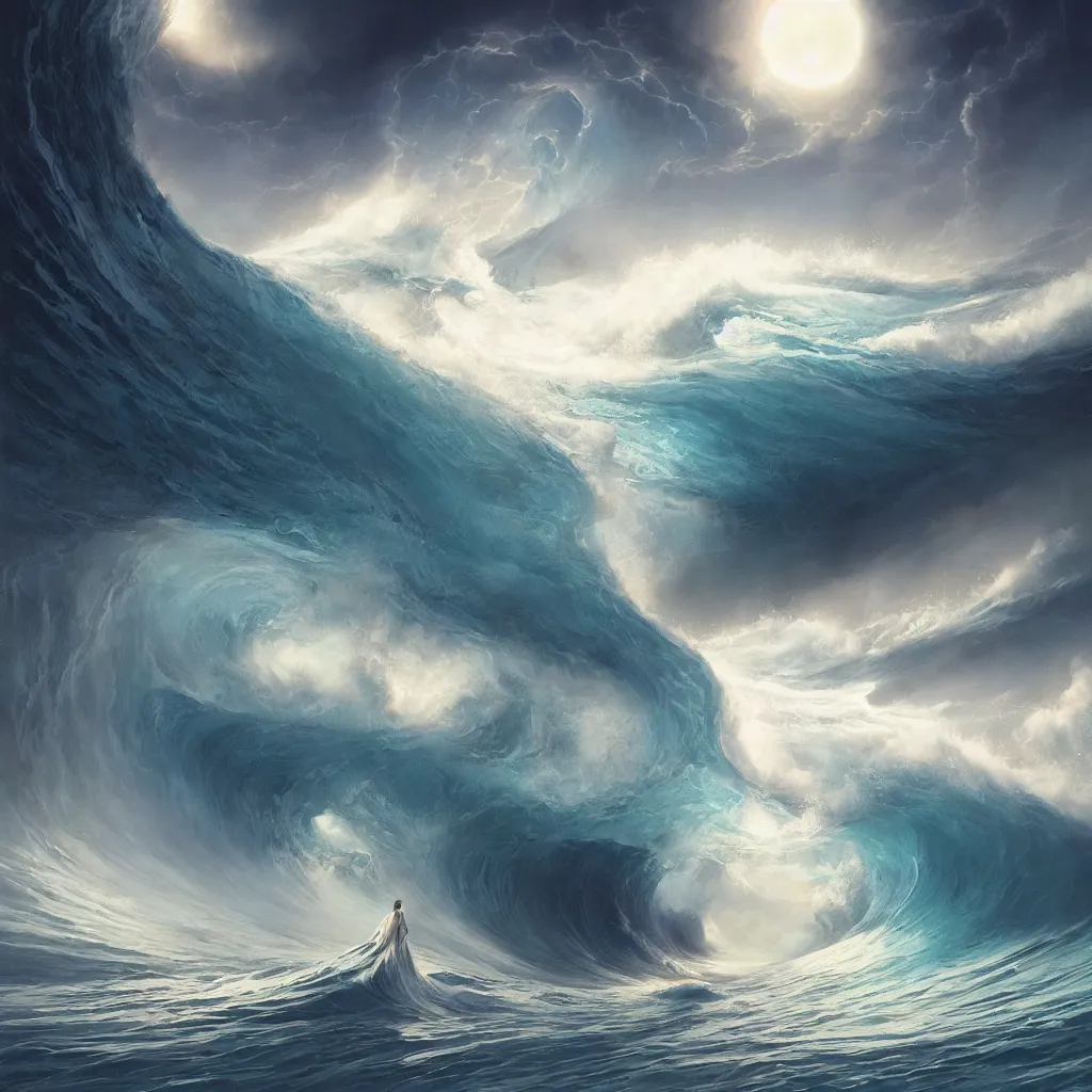 Prompt: a sending down [ of the revelation ] from him who created the earth and the lofty heavens, water wave, tornado, overdetailed art, by greg rutkowski, by rhads, sharp focus