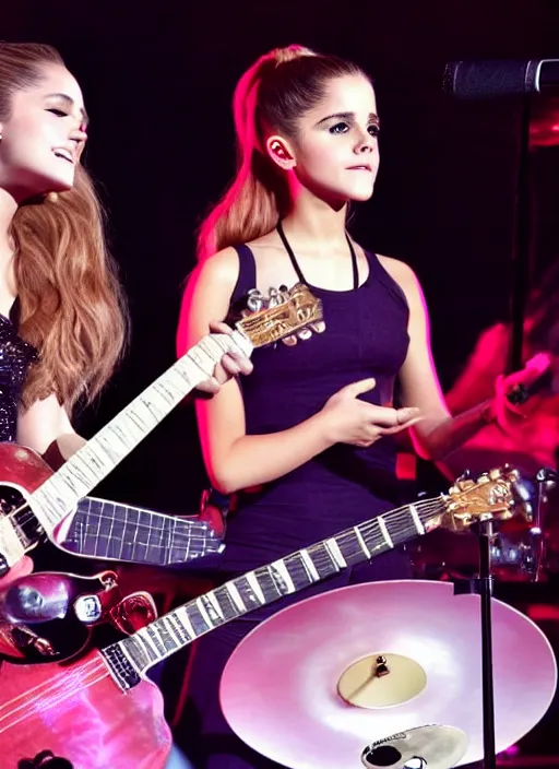 Image similar to beautiful, award winning photo of ariana grande on guitar and emma watson on drums in a 1 9 7 0 s rock and roll band. live at the woodstock concert, symmetrical eyes, 8 k, studio lighting t