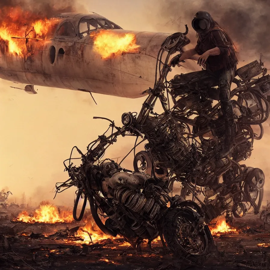 Image similar to post apocalyptic, biker with helmet in front of crashed airplane burning, photorealistic, ultra realistic, concept art, intricate details, photorealistic, octane render, 8 k, unreal engine. retro film still, heavy grain, 3 5 mm, art by artgerm and greg rutkowski and alphonse mucha