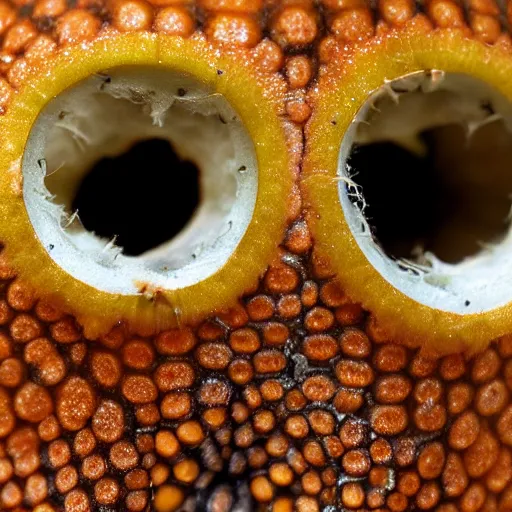 Image similar to a mutated banana with holes in it, there are spiders crawling out of the holes, close up shot.