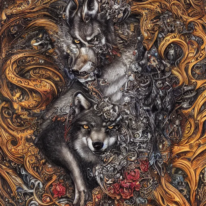 Image similar to a wolf in the style of a hard rock album art cover, in many colors, insanely detailed and intricate, hypermaximalist, elegant, ornate, luxury, elite, by james jean, by brian froud, hyper realistic, super detailed, flickr, filmic, cryengine