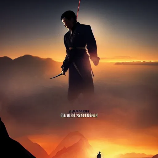 Image similar to epic movie cover depicting a samourai facing the sunset, cinematic lighting