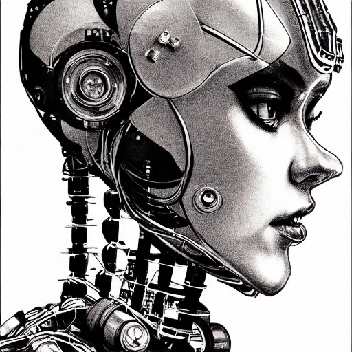 Image similar to punk robot girl, face portrait by makoto kobayashi and nihei tsutomu, pen sketch on paper, mechanical, cables