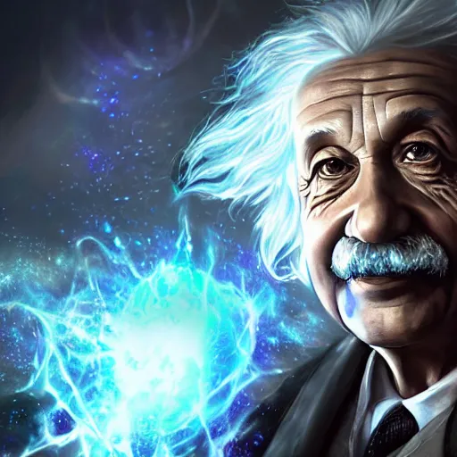 Image similar to Portrait of Albert Einstein as a spellcaster, League of Legends amazing splashscreen artwork, Gears of War, splash art,natural light, elegant, photorealistic facial features, intricate, fantasy, detailed face, atmospheric lighting, anamorphic lens flare, cinematic lighting, league of legends splash art, hd wallpaper, ultra high details by Greg rutkowski