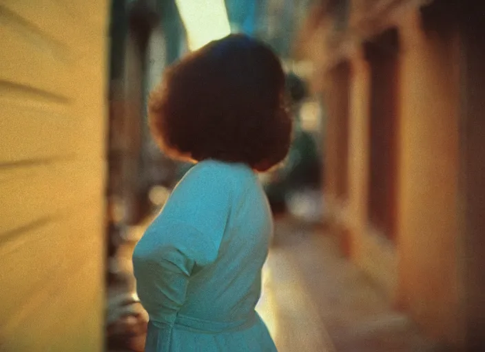 Prompt: close-up color film photography 1970s, long shot, bold woman, soft focus, golden hour, soft light, 35mm, film photo, Joel Meyerowitz