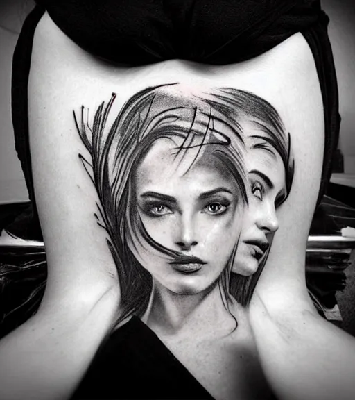 Image similar to tattoo design sketch of an extremely beautiful woman with a background of beautiful mountains on her side, hyper - realistic, double exposure effect, in the style of den yakovlev, amazing detail, black and white, faded