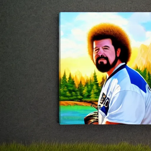 Image similar to a closeup photorealistic photograph of bob ross style kenny powers playing baseball, painting on a canvas. mountains and trees. film still. brightly lit scene. this 4 k hd image is trending on artstation, featured on behance, well - rendered, extra crisp, features intricate detail, epic composition and the style of unreal engine.