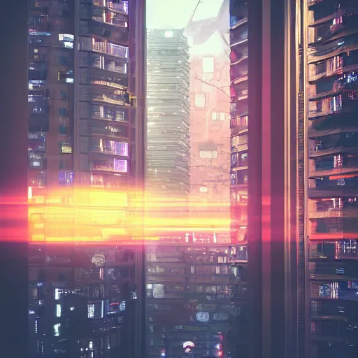 Image similar to cyberpunk apartment, futuristic, cyberpunk city view from apartment window, apartment, night, rain, volumetric light, ray traced, photography, behance