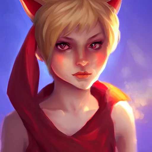 Image similar to Yordle Girl, cleric, red scarf, hatched pointed ears, Gold earring, headshot, concept art, illustration, beautiful, artgerm, trending on artstation, by Anato Finnstark and Randy Vargas