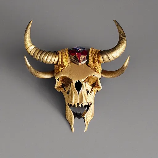 Prompt: horned bull skull : : artifact, made of gold and jewels : :