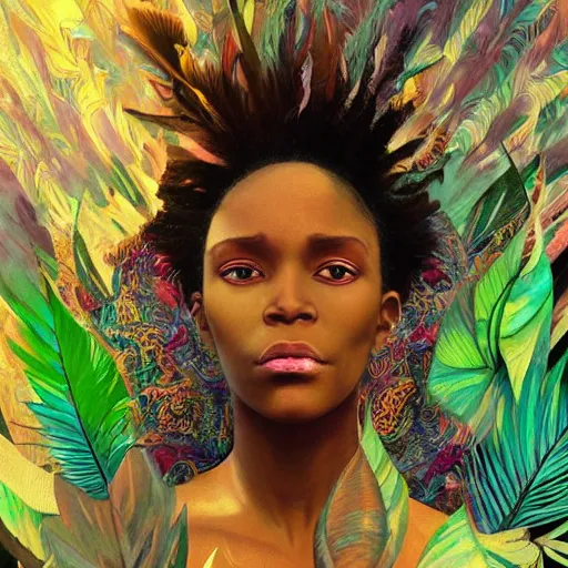 Prompt: A black woman having a reality bending psychedelic experience, colorful, distorted, surreal, tropical leaves and feathers, dramatic lighting on the face, intricate, elegant, highly detailed, digital painting, concept art, smooth, sharp focus, illustration, art by Krenz Cushart and Wayne Barlowe and alphonse mucha
