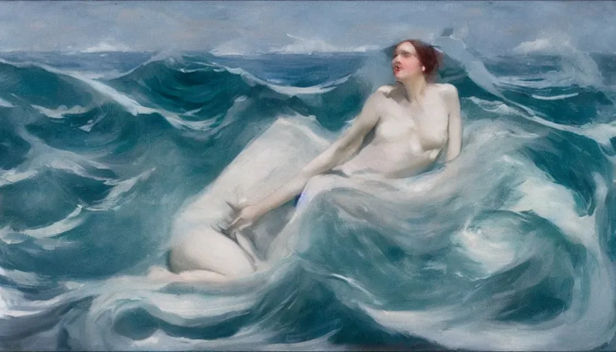 Prompt: she sang beyond the genius of the sea. the water never formed to mind or voice, like a body wholly body, fluttering its empty sleeves ; and yet its mimic motion made constant cry, caused constantly a cry, that was not ours although we understood, inhuman, of the veritable ocean. by john singer sargent