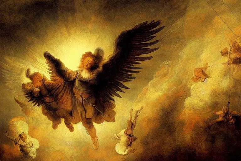 Prompt: angels descending to earth to wage war by rembrandt, masterpiece, detailed, epic