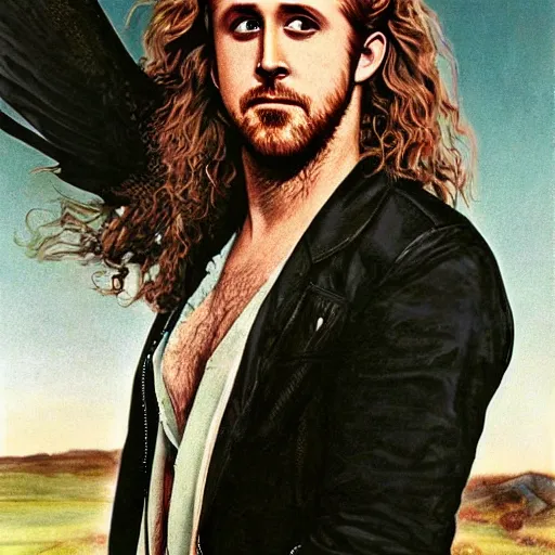 Image similar to Pre-Raphaelite portrait of Ryan Gosling as the leader of a cult 1980s heavy metal band standing on the hood of a muscle car, with very long blond hair and grey eyes, high saturation