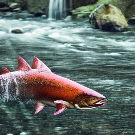 Image similar to movie still of a salmon jumping from a river, splash art, photorealistic features, cinematic lighting, dramatic, octane render, long lens, shallow depth of field, bokeh, anamorphic lens flare, hyper detailed, 3 5 mm film grain