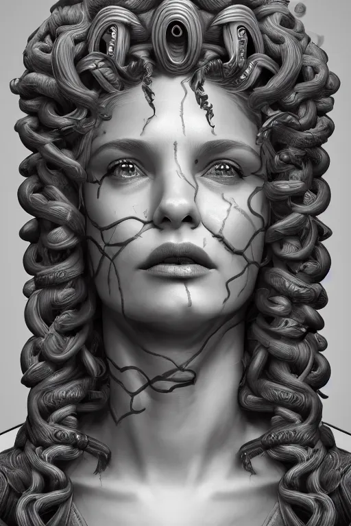 Image similar to a detailed matte portrait of medusa mother of the gorgons, elaborate regal reliefe, clouds, shrouded, trending on artstation, photorealistic, cgi, 8 k