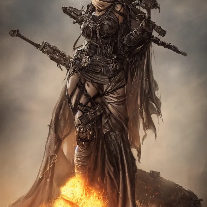 Image similar to beautiful apocalyptic woman in hooded cloak, standing on mad max panzer tank, hyper-detailed, smooth, sharp focus, 4k ultra hd, fantasy dark art, tank girl, artgerm, artstation, octane render, elegant, detailed digital painting, apocalyptic art, unreal engine