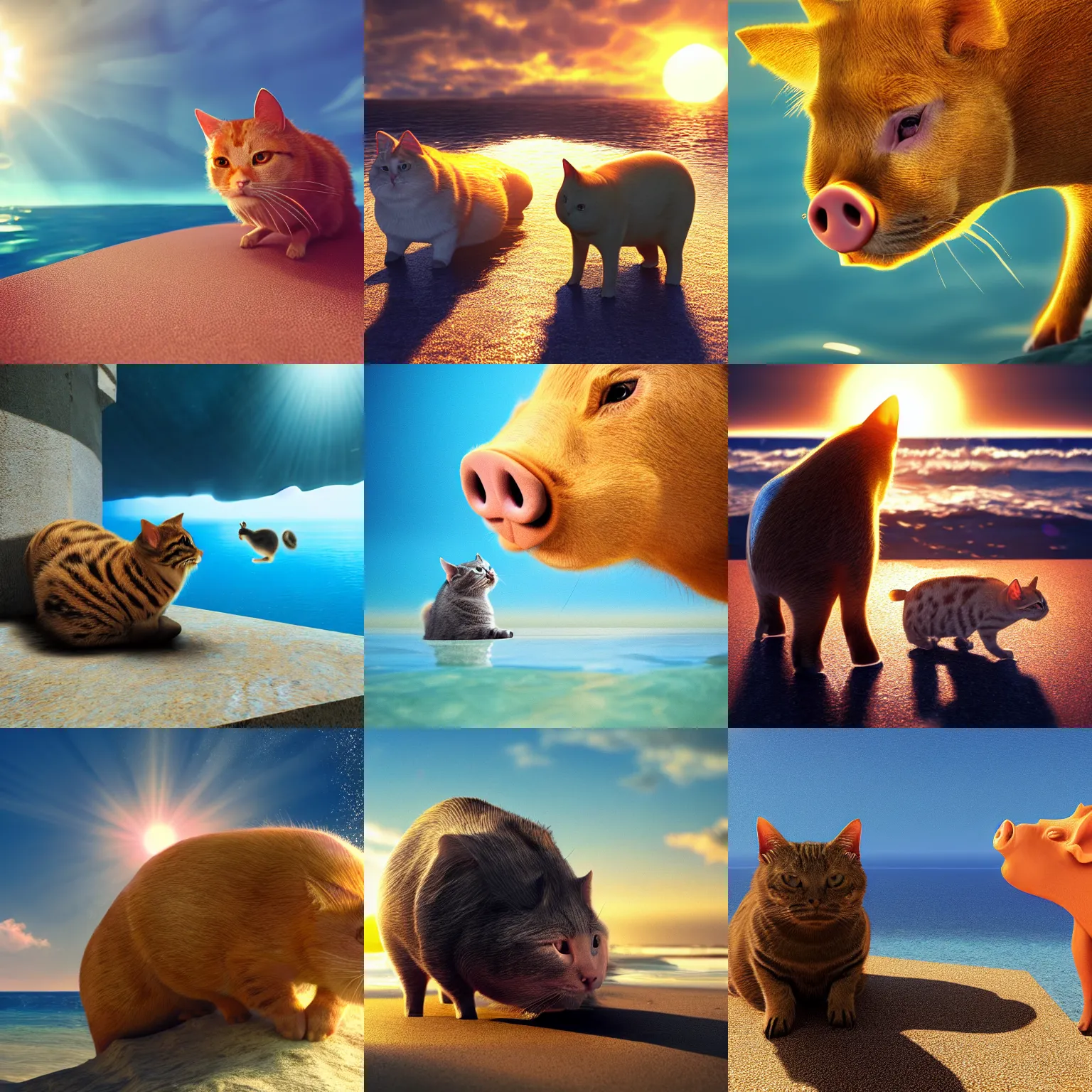 Prompt: a sun pig ( literally a pig that shines in place of the sun ) while a cat is in the sea looking up, photorealistic, high textures, octane render, ureal engine, 4 k