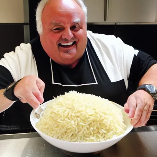 Prompt: gerry scotti eating rice while flying