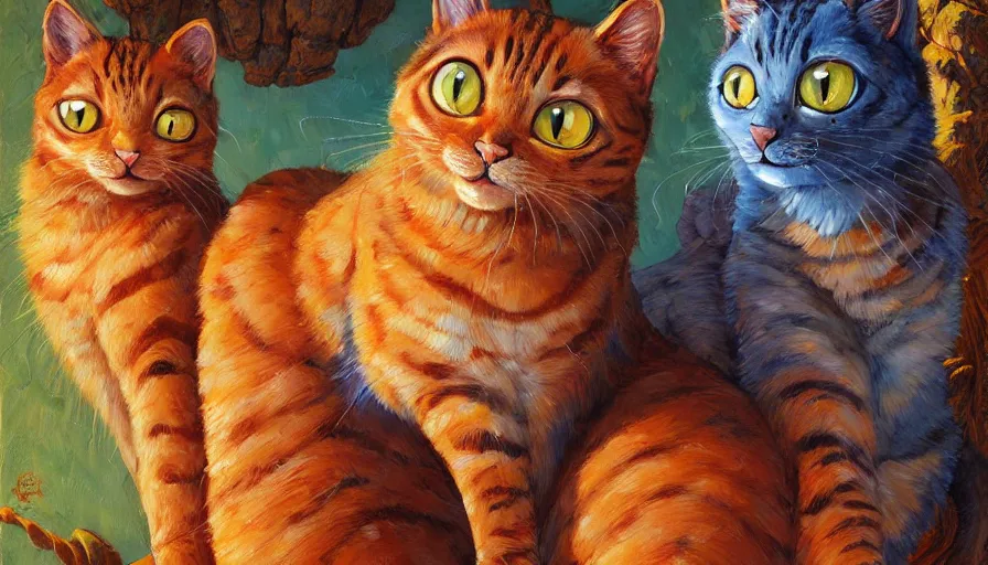 Image similar to highly detailed contemporary acrylic painting of really tall sitting cats by justin gerard, thick brush strokes and visible paint layers, vivid multicolor scheme