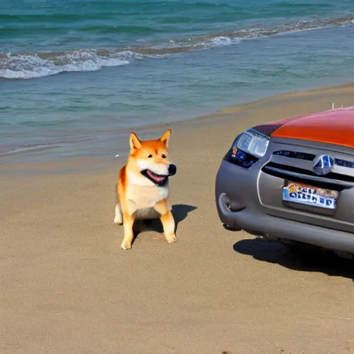 Prompt: shiba inu laughing at heavy car traffic leaving a Crimean beach