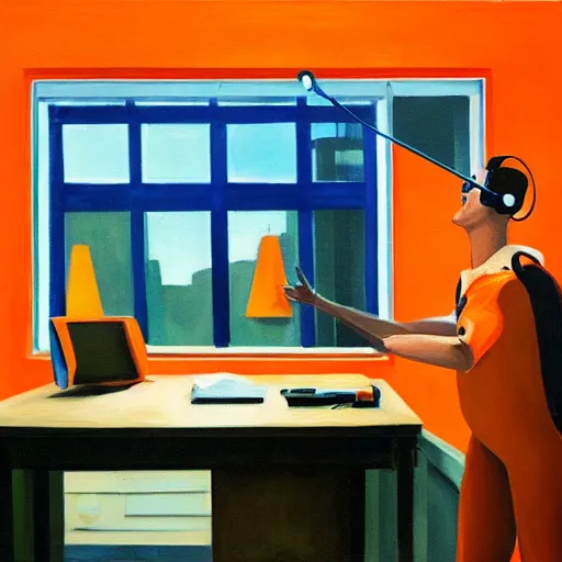 Image similar to A fine art painting of a man wearing Vr goggles dressed in orange overalls and creating the metaverse at a desk with screens, view through a window on a British street. In the style of Edward Hopper and Wes Anderson