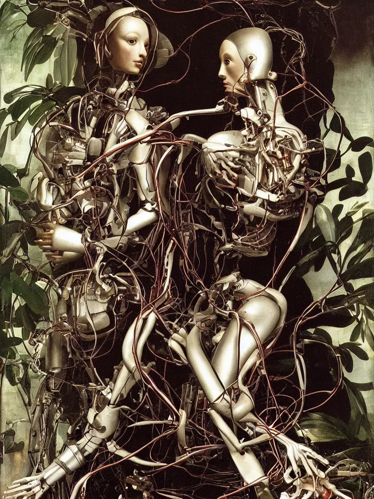 Prompt: portrait of a beautiful female android robot holding a realistic anatomical heart in her hands and crying, there are wires coming from her heart, tangled and entwined with her long flowing hair, mecha, biopunk, white xenomorph, bones, surrounded by tropical plants, black background, painting by Raphael, by Caravaggio