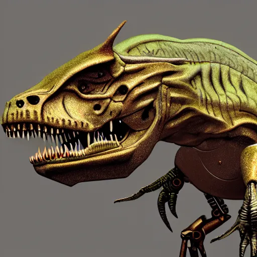 Image similar to an illustration of the full body of a cyborg t-rex, photorealistic, detailed, textured, award-winning