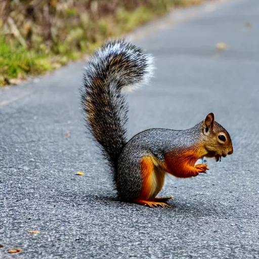 Prompt: nature photography of a squirrel eating a dead bird on the side of the road