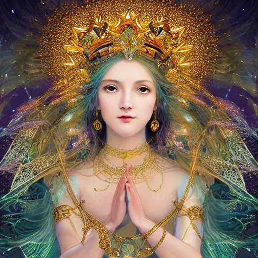 Image similar to highly detailed digital painting of a beautiful goddess of hope! by wlop, bright light emerging from her eyes, wearing a crown, sculpted in white opalescent marble, with lots of thin ornaments, curves and chaotic fractal art inlays, intricate, 8 k, golden aura, cinematic light, background atmospheric effects, sparkles, light rays, mixed with mucha style